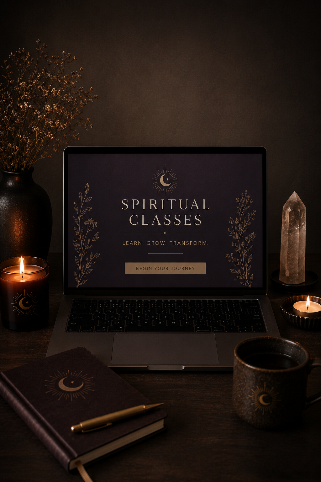 Elegant spiritual classes workspace featuring a laptop displaying online spiritual courses with candles, crystals, and a minimalist dark aesthetic.